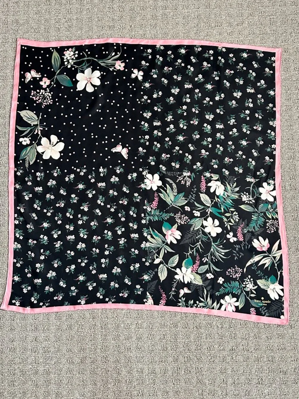 Kate Spade Black Botanical Floral Silk Square Scarf Pink Border Butterflies